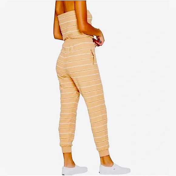 NWT LSPACE NORTH SHORE STRAPLESS TAN PINK CRM STRIPE JUMPSUIT POCKETS SIZE LARGE - Picture 7 of 11
